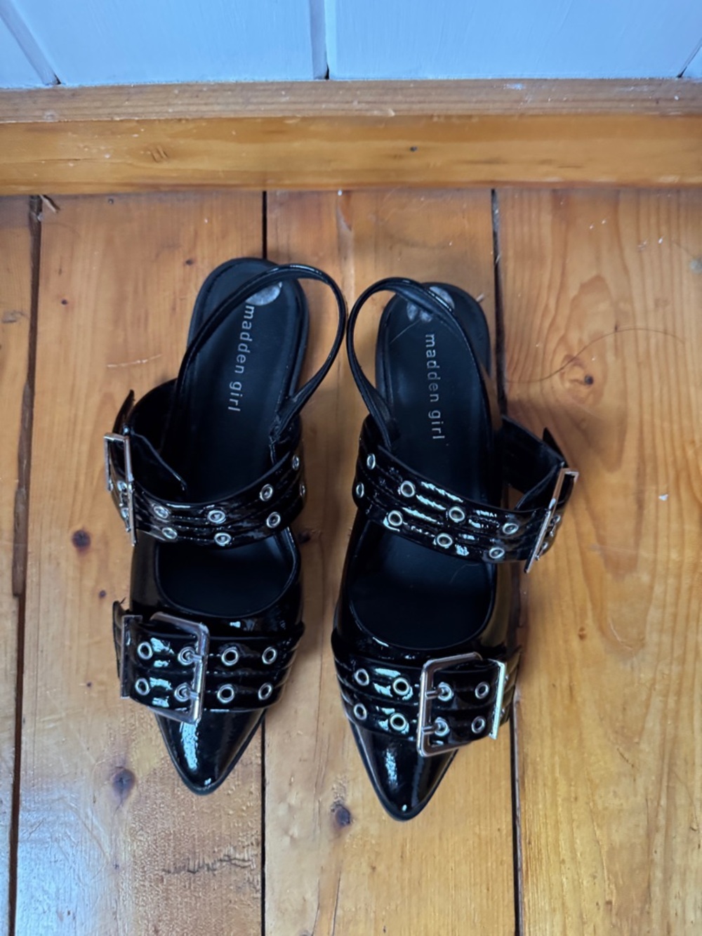 Madden Girl Black Patent Pointed Toe Buckle Slingback Flats